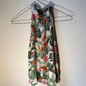 Rachel Zoe White Tropical Halter Top with Pink Flamingos & Green Leaves